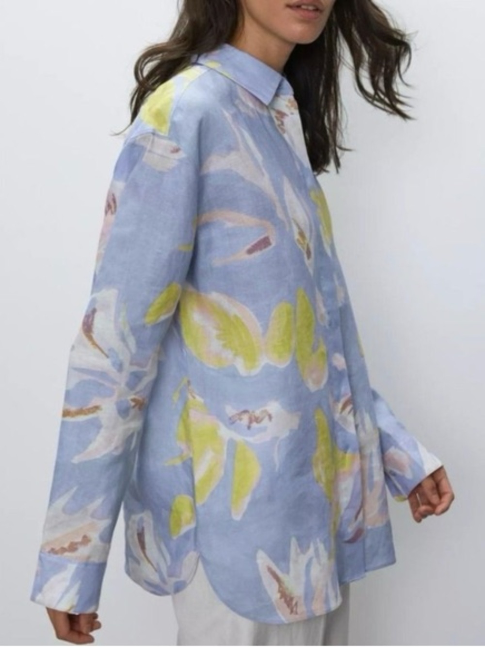 Babaton Aritzia 100% Linen Abstract Floral Shirt Blue Yellow